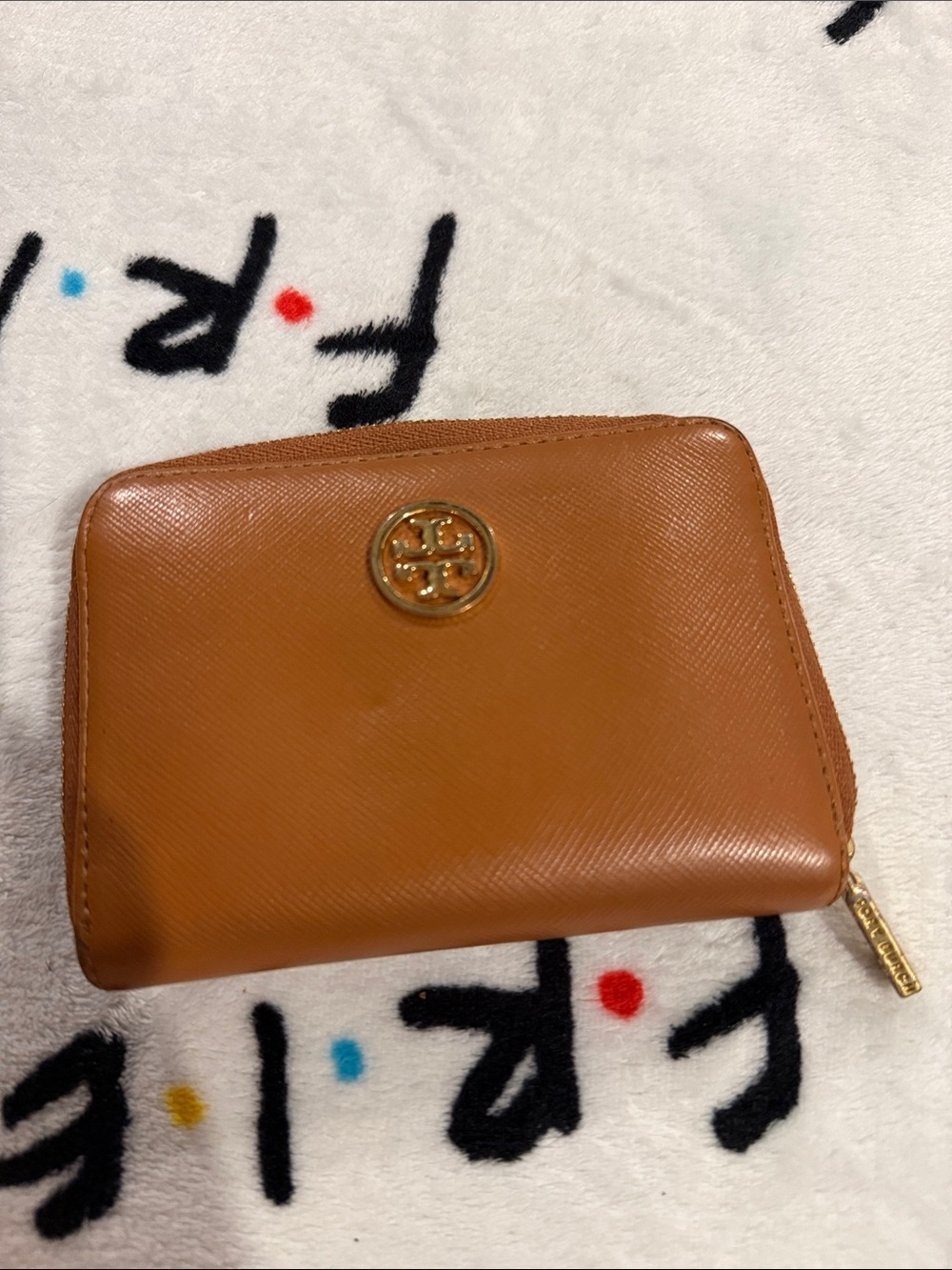 Tory Burch Cognac Leather Zip Coin Wallet with Gold Logo